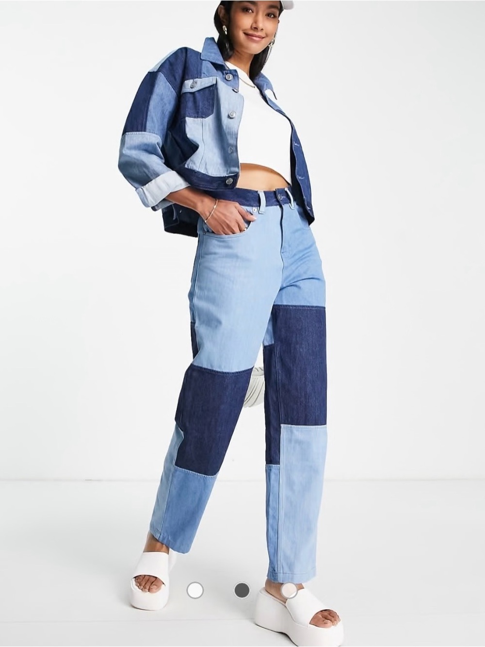 EUC French Connection Patchwork Light Dark Blue Straight Relaxed Jeans size 10